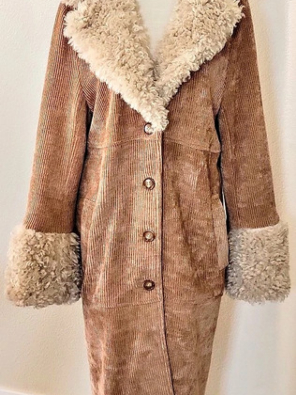 Emory Park Camel Soft Corduroy Longline Shag Trim Boho Coat Size Med
